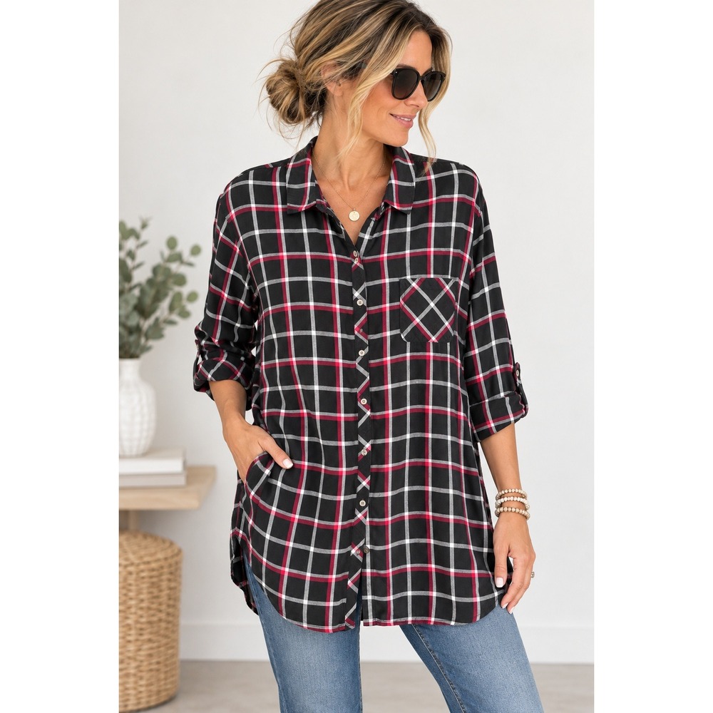 J Jill Tunic Top 4X Black Red Plaid Button Front Lagenlook Artsy Teacher Cottage